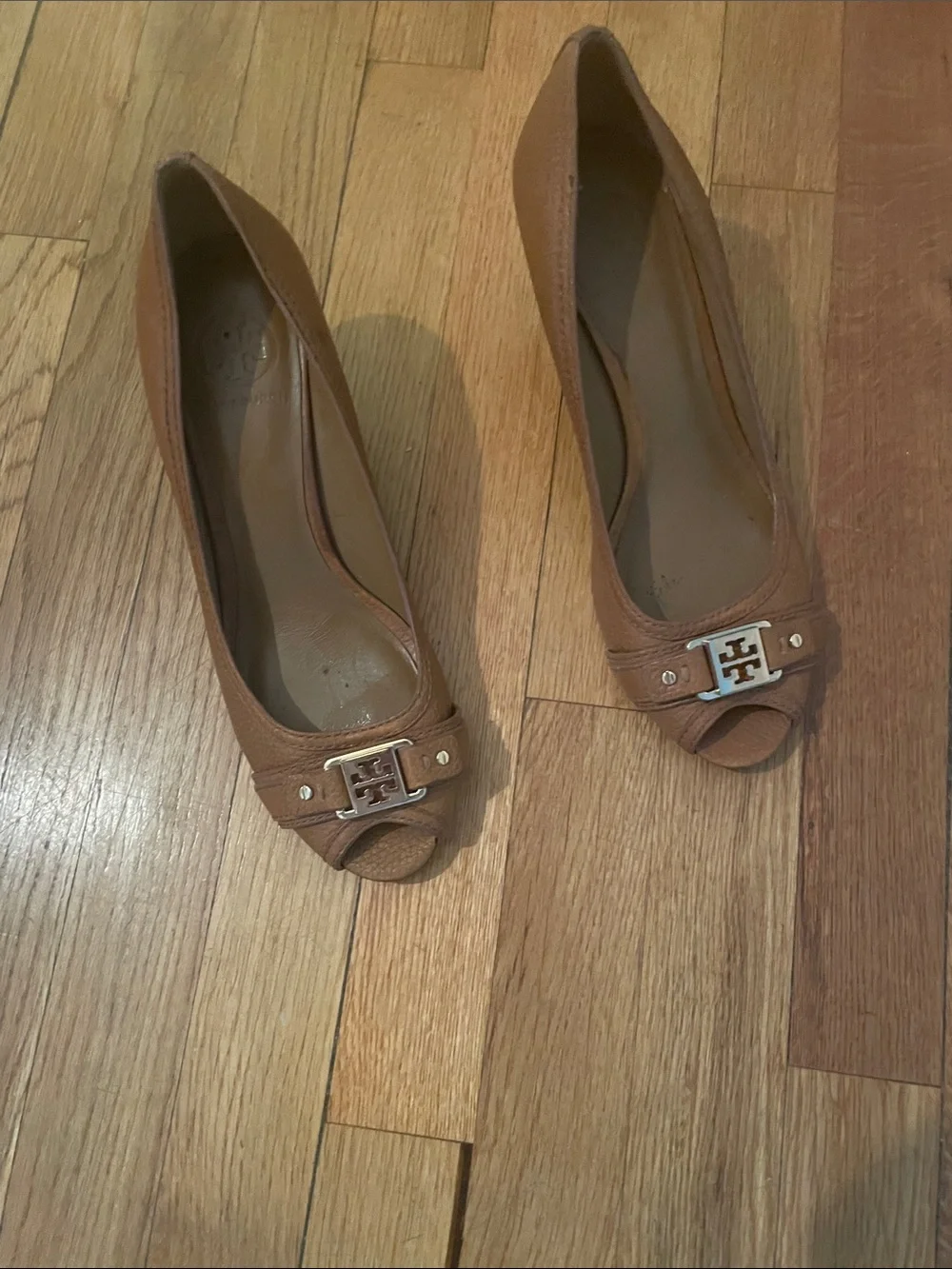 Tory Burch Brown Peep-Toe Leather Heels with Logo Accent 9.5